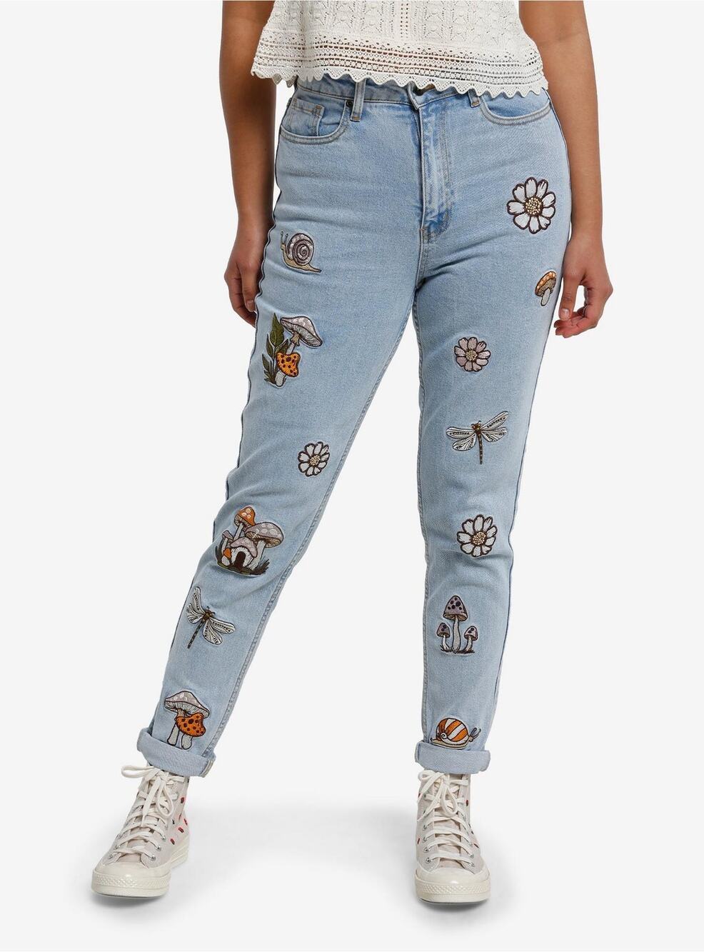 Hot Topic Light Indigo Nature Fungi Patch Mom Jeans 15 Cottagecore Artsy Skater